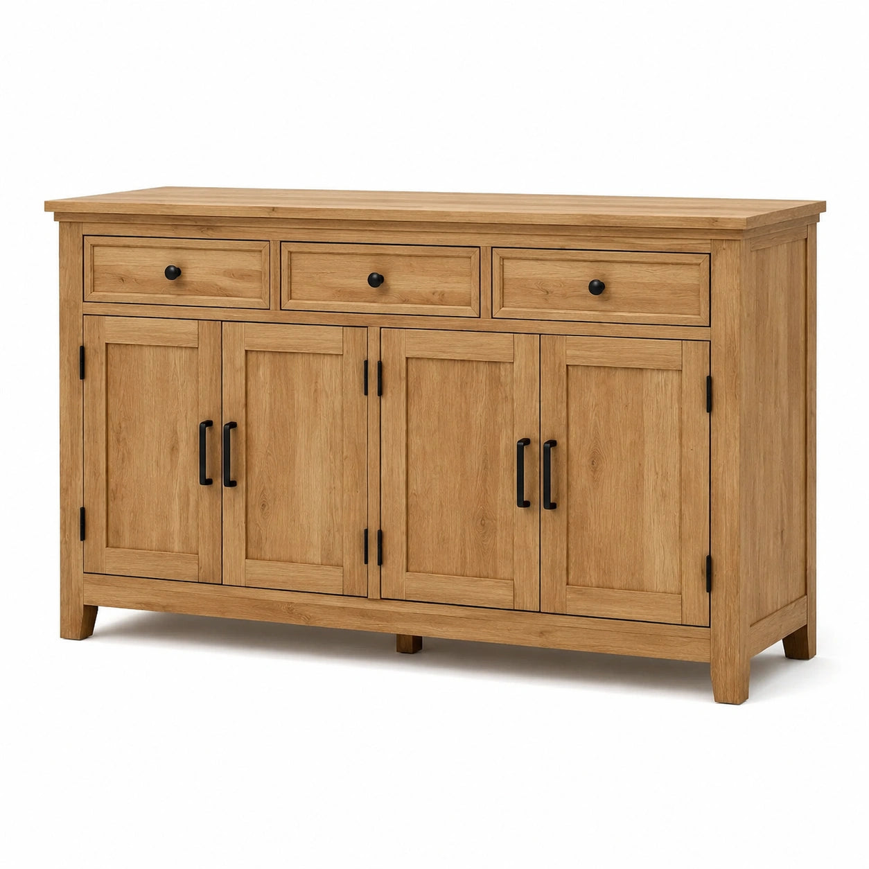 Aparador de madera de roble con 3 cajones y 4 puertas 150x45x85 cm marrón