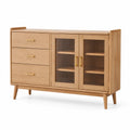 Aparador de madera con cajones y puertas de vidrio en roble
