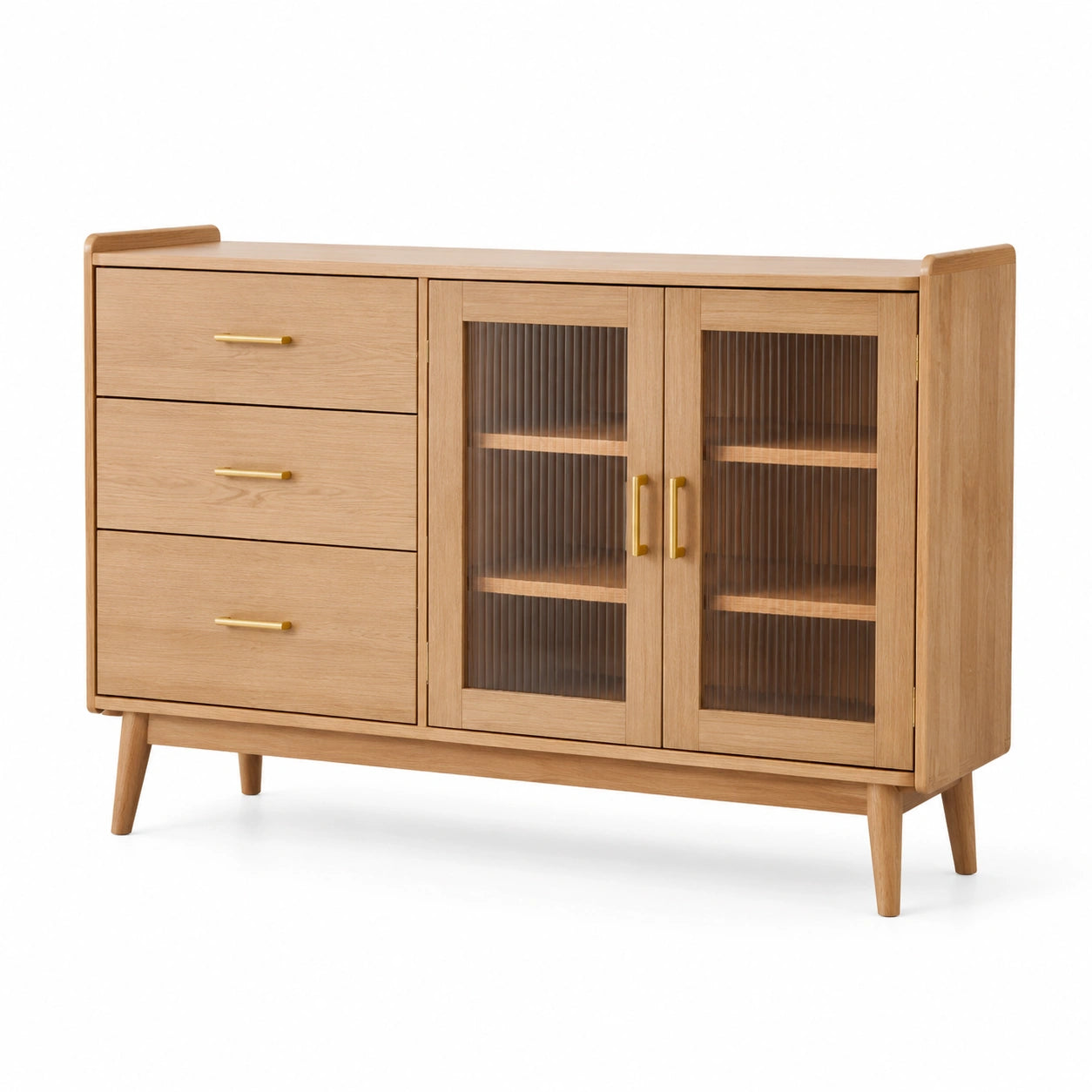 Aparador de madera con cajones y puertas de vidrio en roble