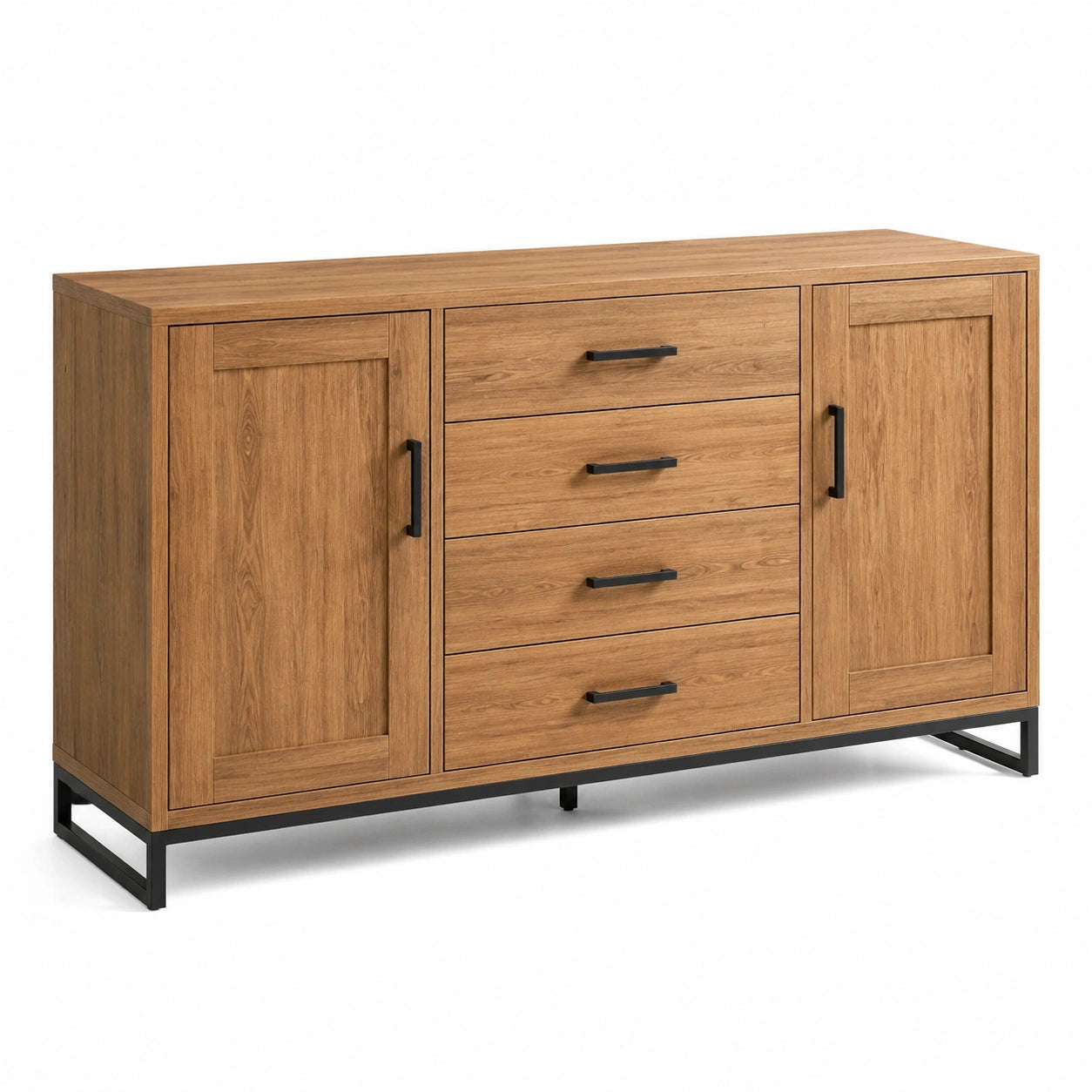 Aparador de MDF Chapado de Roble con Base de Metal y 4 Cajones