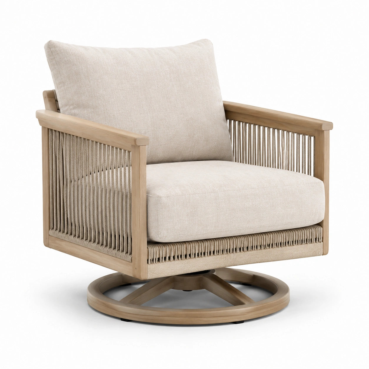 Sillón giratorio de madera y poliéster beige