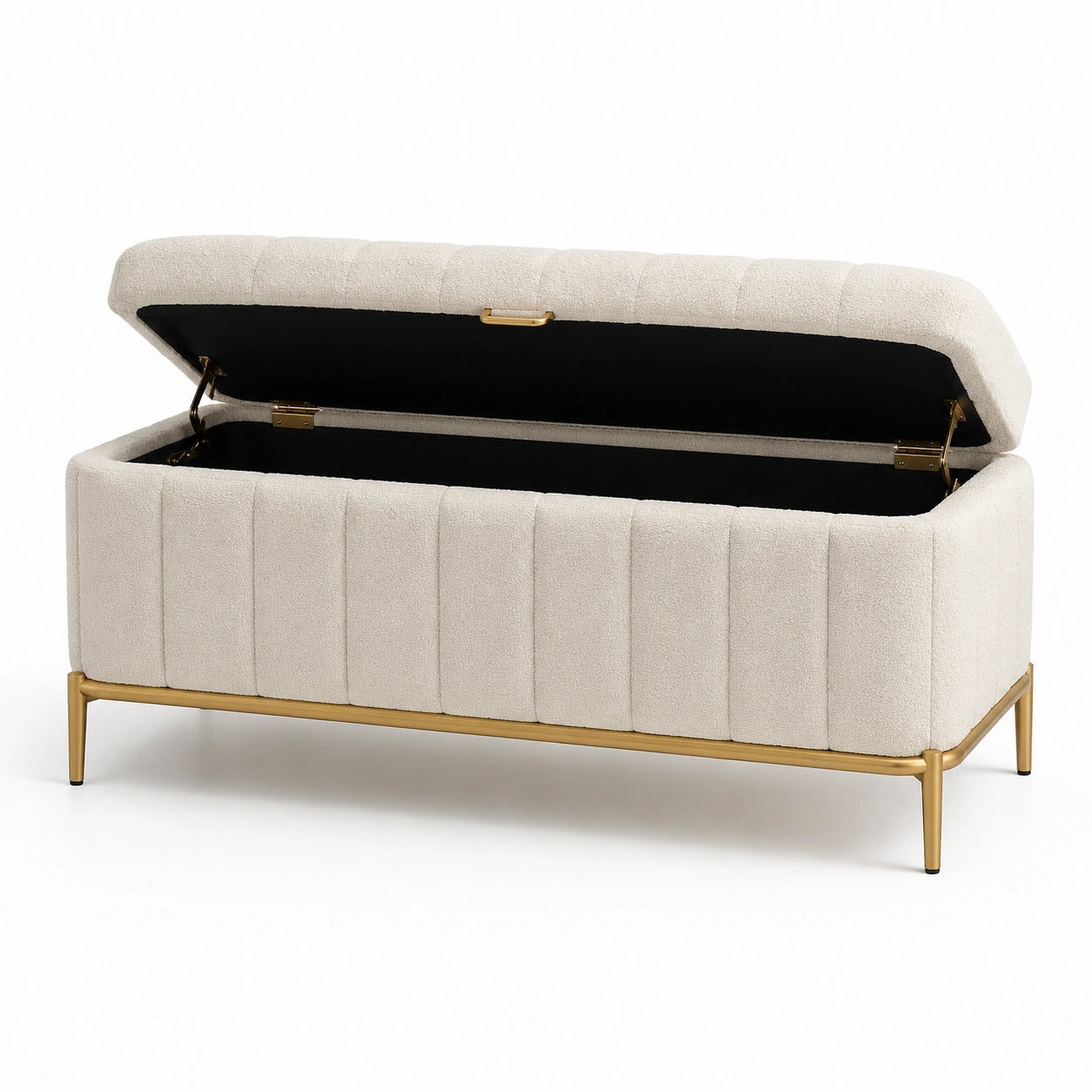 Banco de tela beige con patas de metal doradas 120 cm