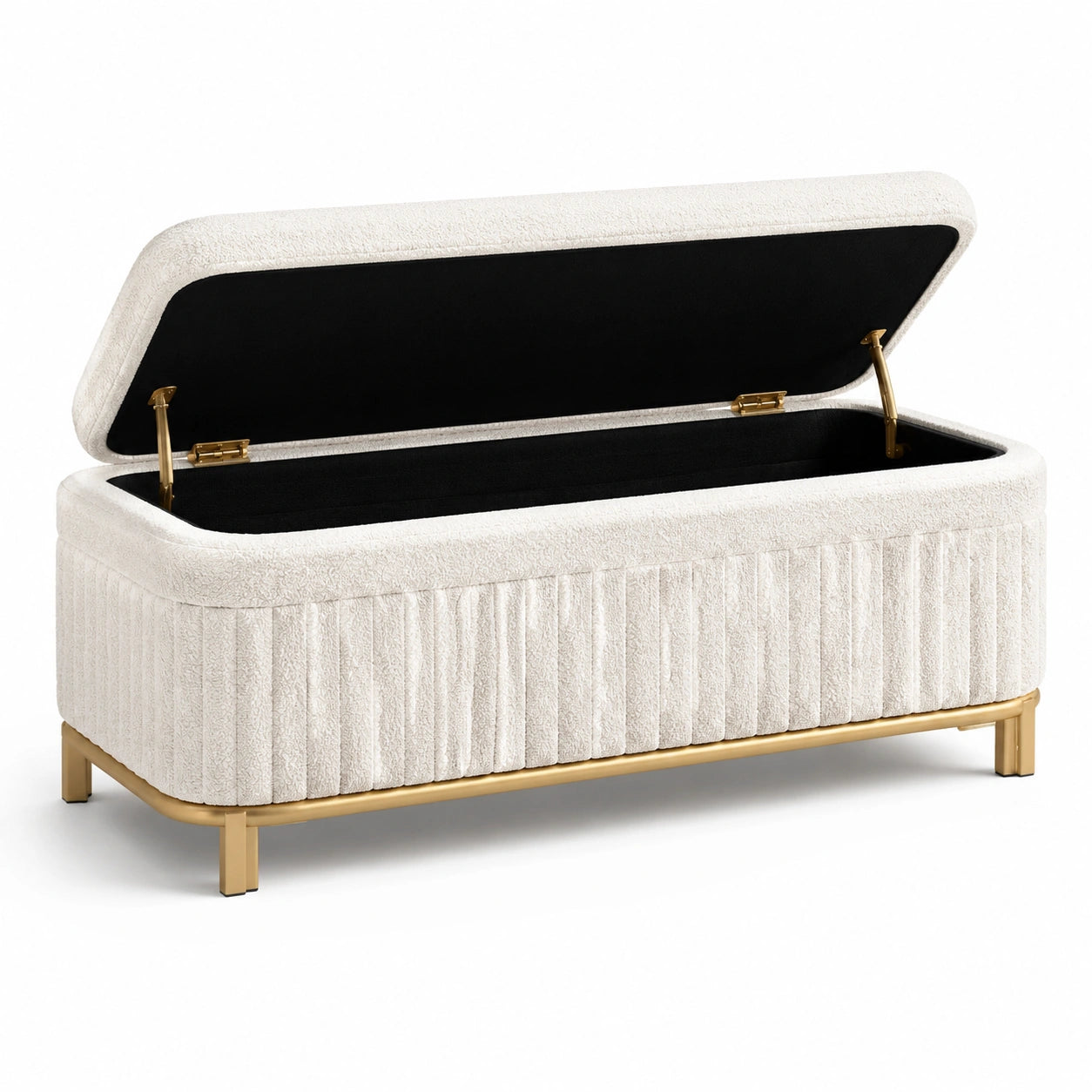 Banco de almacenamiento de tela beige con base de metal dorado 120x40x45cm