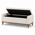 Banco de almacenamiento de tela beige con estructura de madera