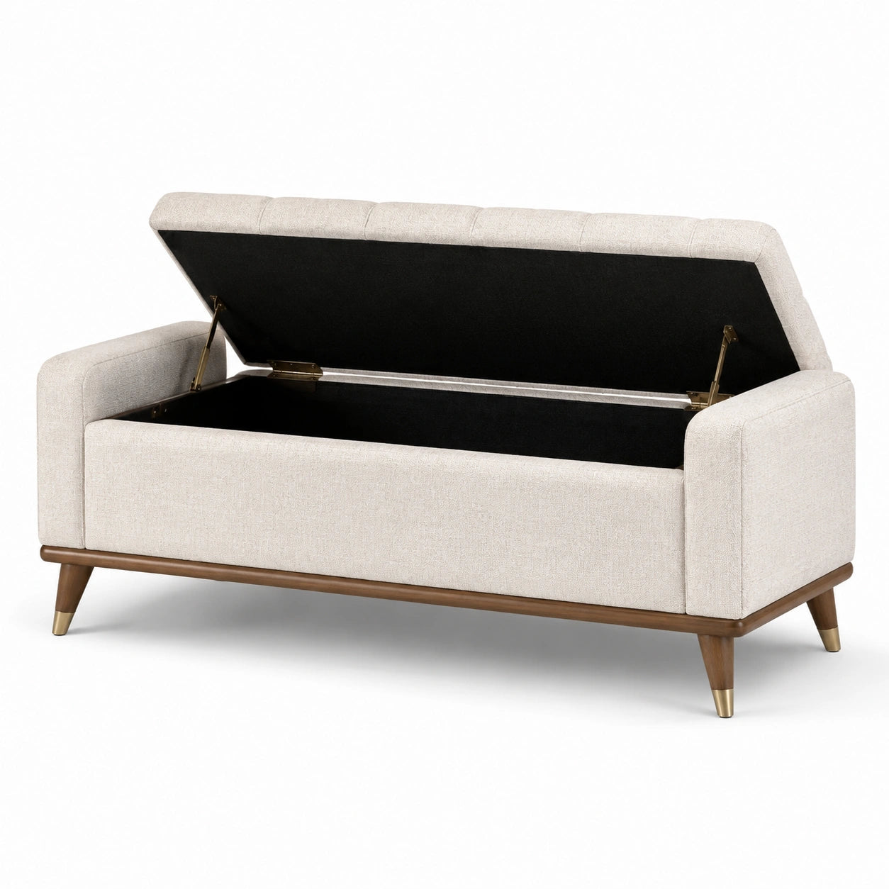 Banco de almacenamiento de tela beige con estructura de madera