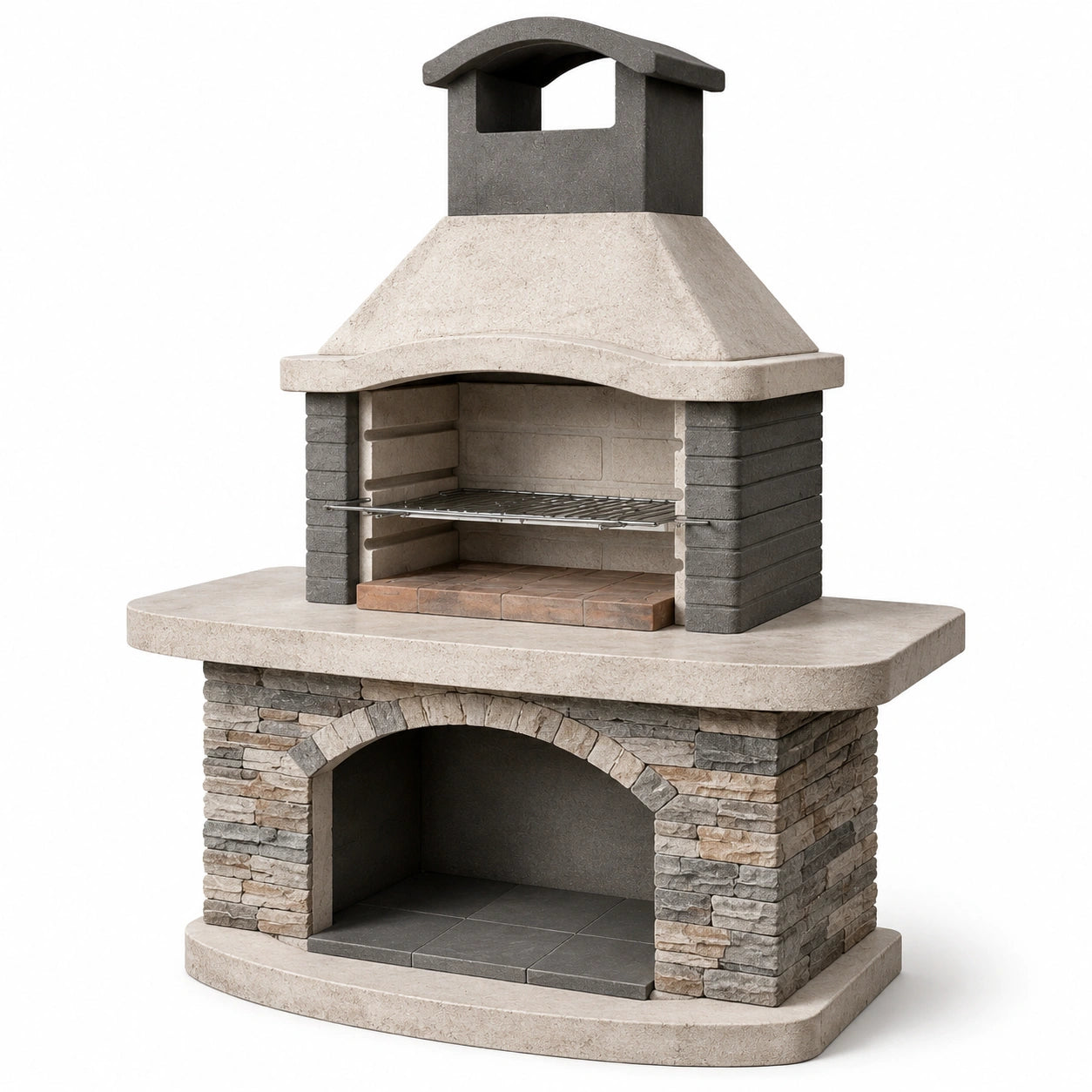 Barbacoa de piedra y ladrillo con parrilla de acero 200x150x75 cm
