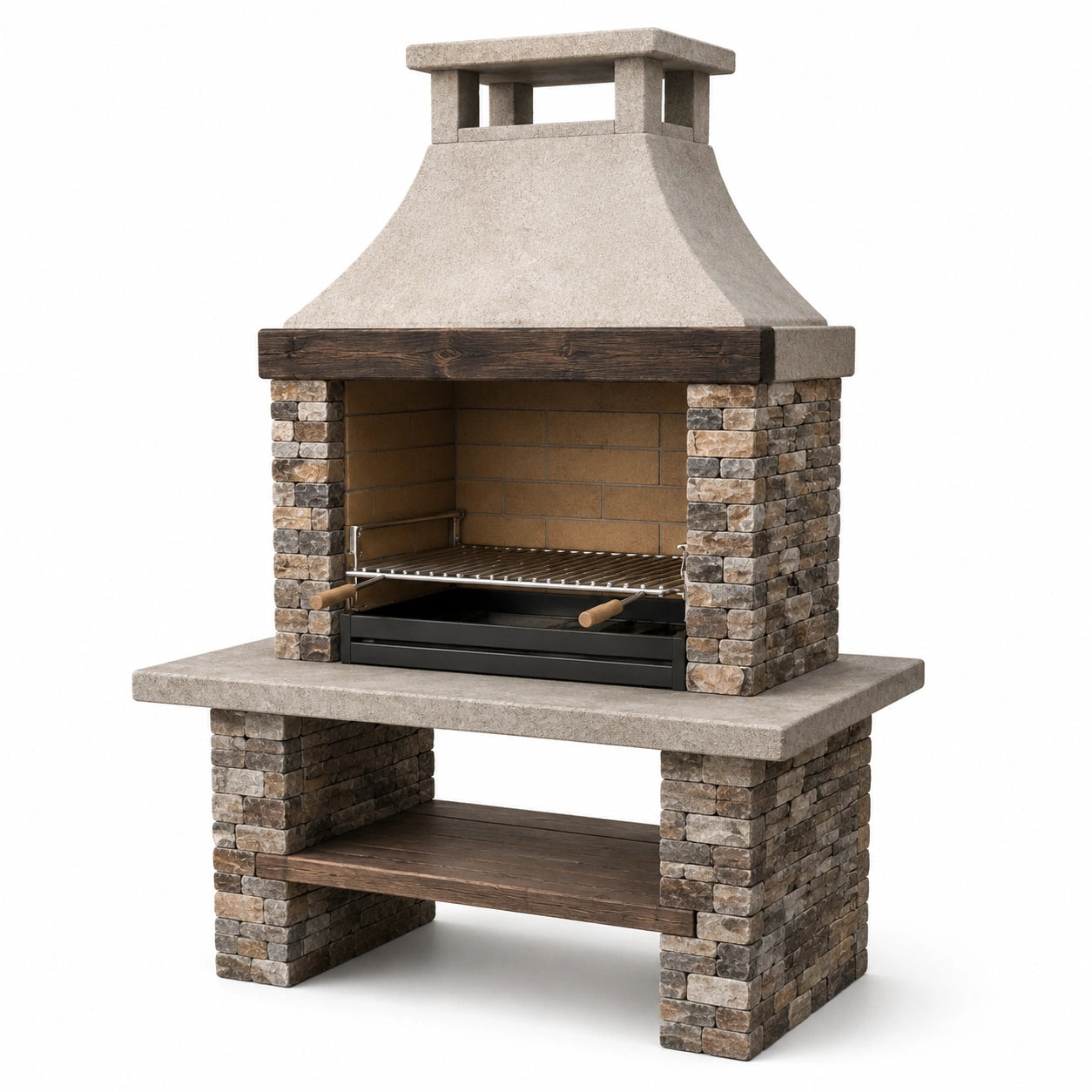 Barbacoa de ladrillo y piedra con estante de madera, 210 cm
