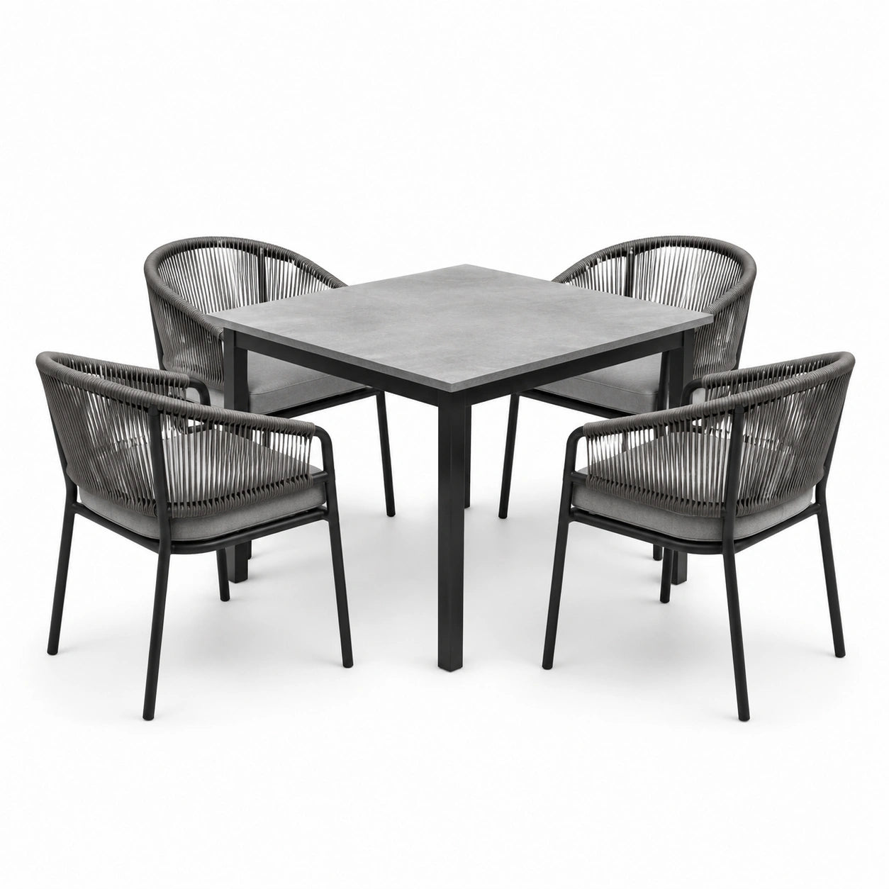 Conjunto de comedor de jardín con mesa de aluminio y cemento con sillas de cuerda sintética