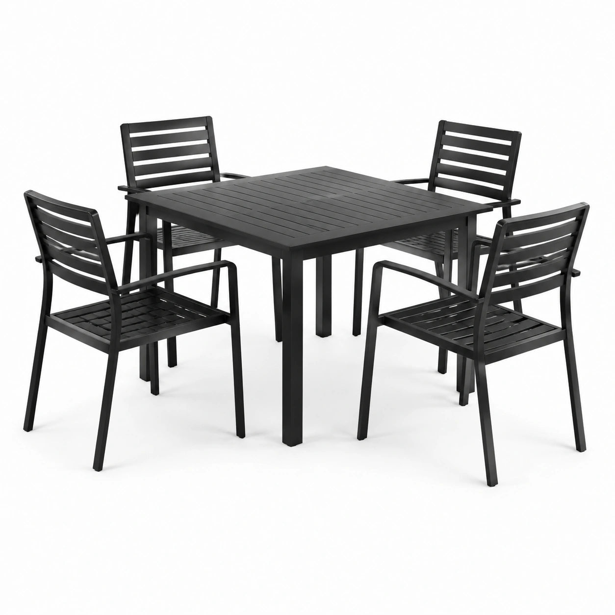 Conjunto de comedor de jardín de aluminio negro con mesa cuadrada y 4 sillas